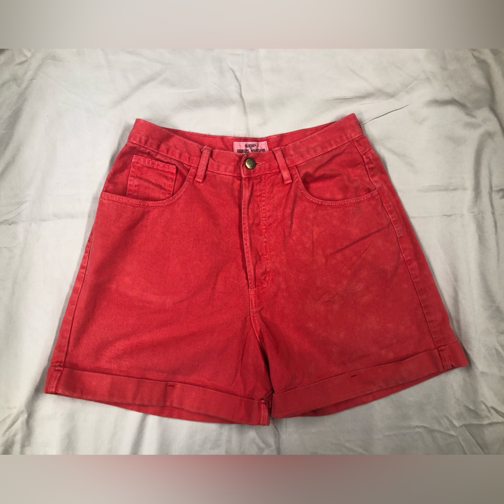 Vintage Guess Georges Marcian Coral Red Hi Rise Button Fly Shorts